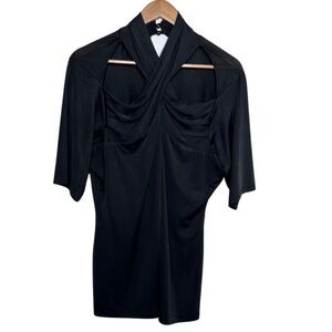 Black Open Shoulder Cross Mock Turtleneck Short Sleeve Silk Stretch Top